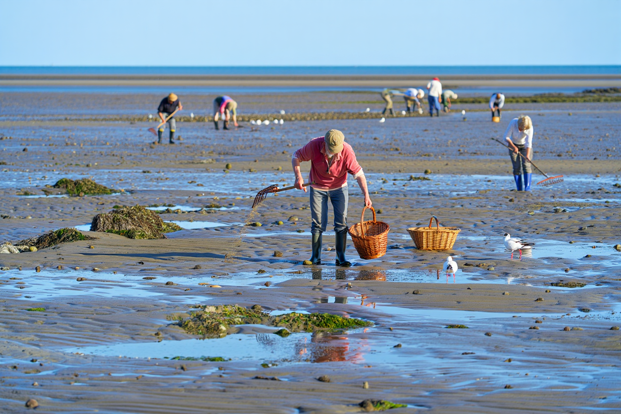 Pêcheurs à pied sur une plage du Morbihan