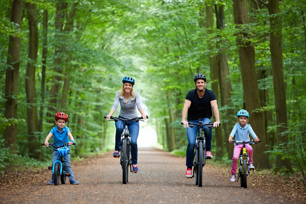 Balade à vélo en famille sur une voie verte en Bretagne