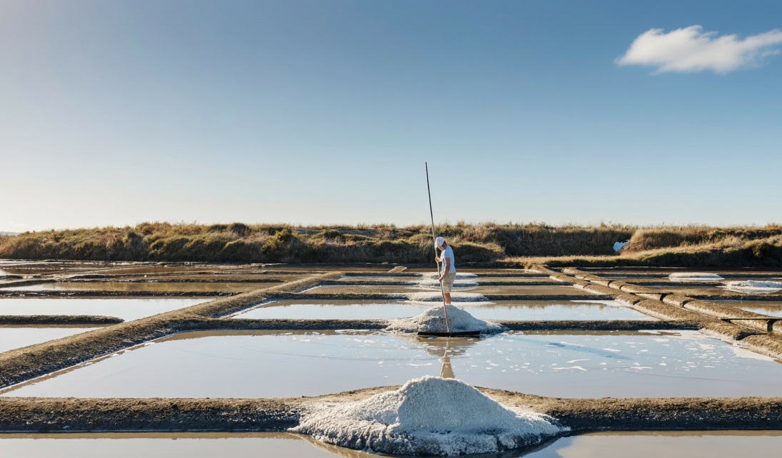 Récolte traditionnelle de la fleur de sel dans les œillets de Lasné